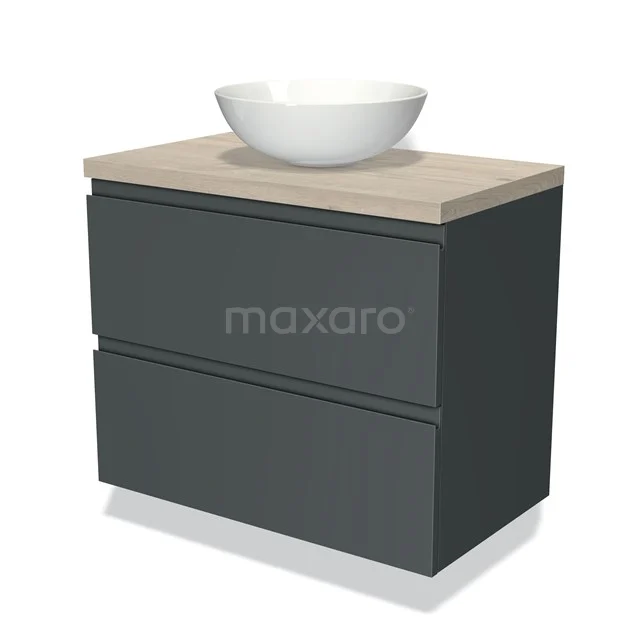 Dunkelgrau Badmöbel mit Holzlook Platte und weißem Aufsatzwaschbecken, modernes Design mit zwei Schubladen für optimalen Stauraum.