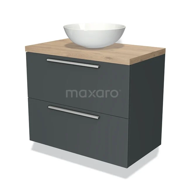Grey bathroom furniture set with wooden worktop, white bowl-shaped basin and two drawers, ideal for modern bathroom design.