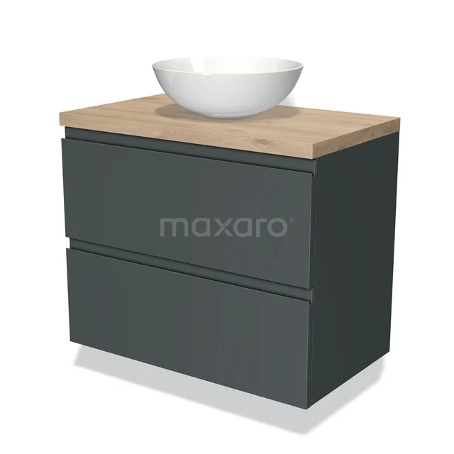 Graue Badmöbelset mit Holzlook Platte, keramischem Aufsatzwaschbecken und zwei Schubladen für stilvollen und praktischen Stauraum.