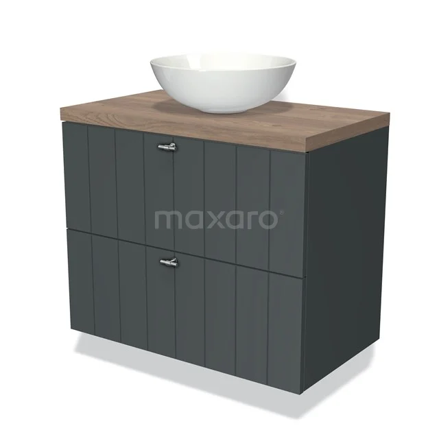 Grey bathroom furniture set with wood-look worktop and round white basin; stylish design for modern bathrooms.