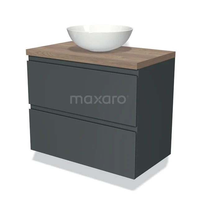 Dark grey bathroom furniture set with wooden worktop and round countertop basin, modern design for stylish bathrooms.