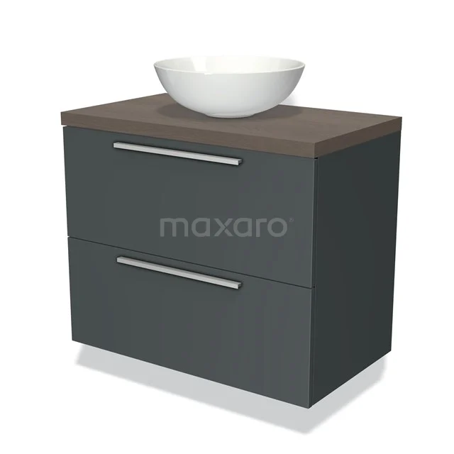 Grey bathroom furniture set with wooden vanity top, two drawers and white bowl basin, modern and functional.