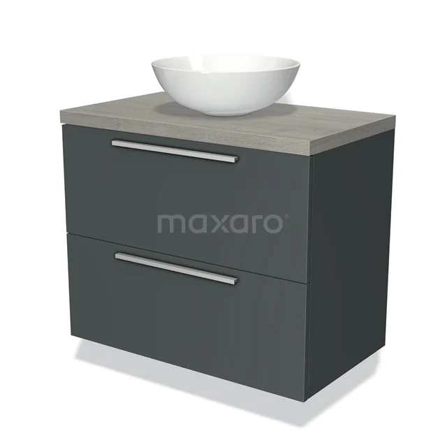 Dark grey bathroom cabinet with white ceramic basin, modern design and matte finish.