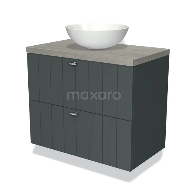 Grey bathroom cabinet with wood look, concrete top and white countertop wash basin; sleek design, ideal for modern bathrooms.