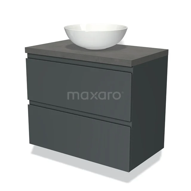 Dark grey bathroom furniture set with two drawers, matte white finish, including white porcelain countertop wash basin, modern design.
