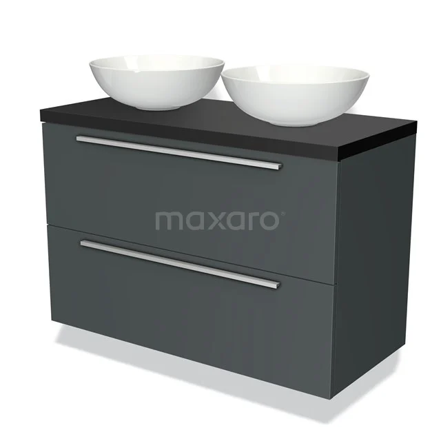 Grijze badkamermeubelset met twee witte waskommen, strak design, mat afwerking en metalen handgrepen.