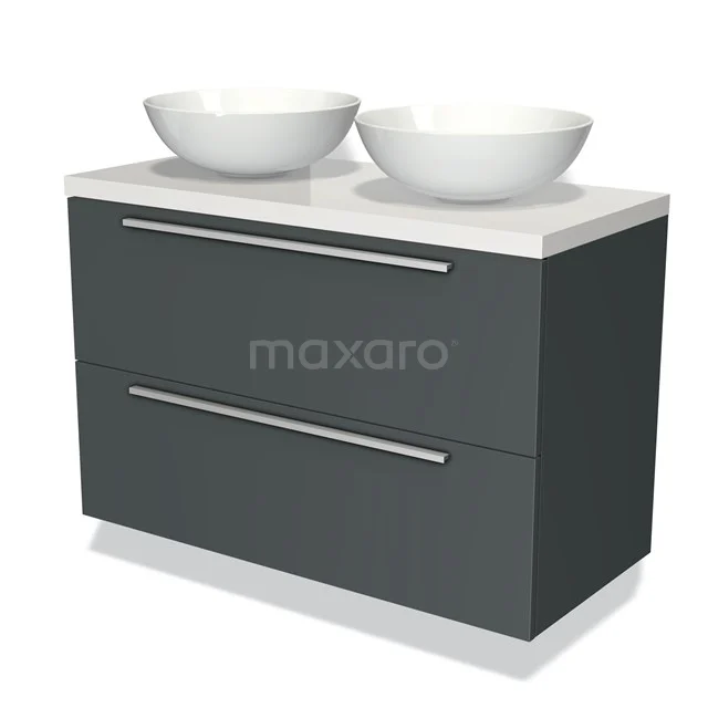 Donkergrijs badkamermeubel met twee witte komvormige wastafels, modern design en gladde afwerking.