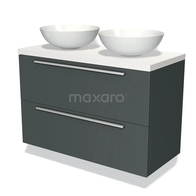 Grijze badkamermeubelset met twee keramische witte waskommen en een strak design, perfect voor een moderne badkamer.