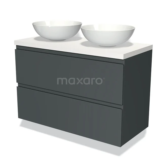 Schwarze Badmöbelset mit zwei weißen Aufsatzwaschbecken, modernes Design, matte Oberfläche, ideal für ein stilvolles Badezimmer.