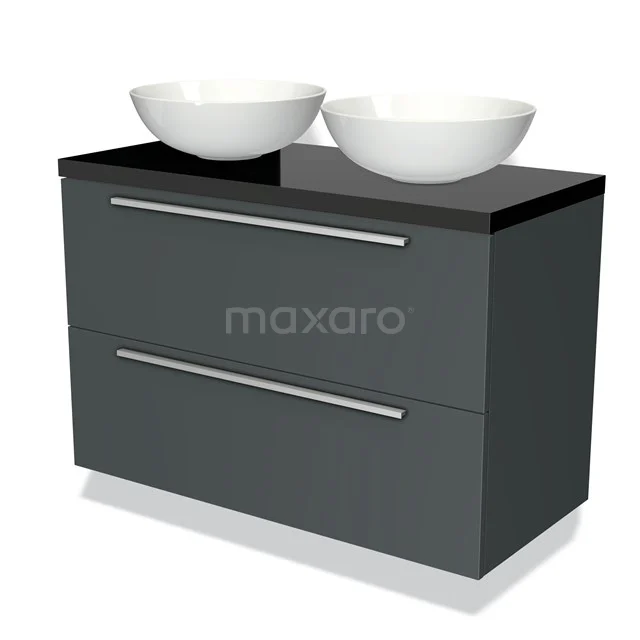 Antraciet badkamermeubel met twee witte waskommen, strak design, glanzend blad en geïntegreerde metalen grepen.