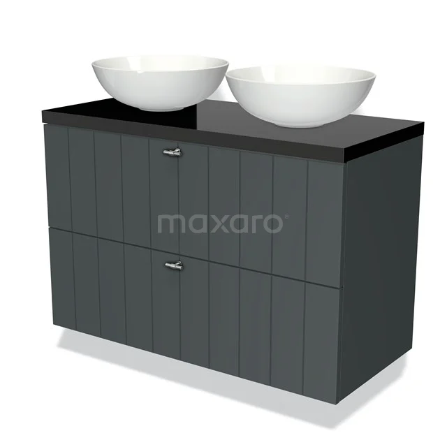 Grijs badkamermeubel met dubbele witte waskommen, houten lamellen ontwerp, ideaal voor moderne badkamer inrichting.
