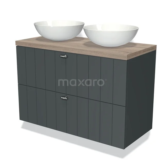 Donkergrijze badmeubelset met houtlook blad en dubbele witte waskommen, modern ontwerp voor stijlvolle badkamerinrichting.