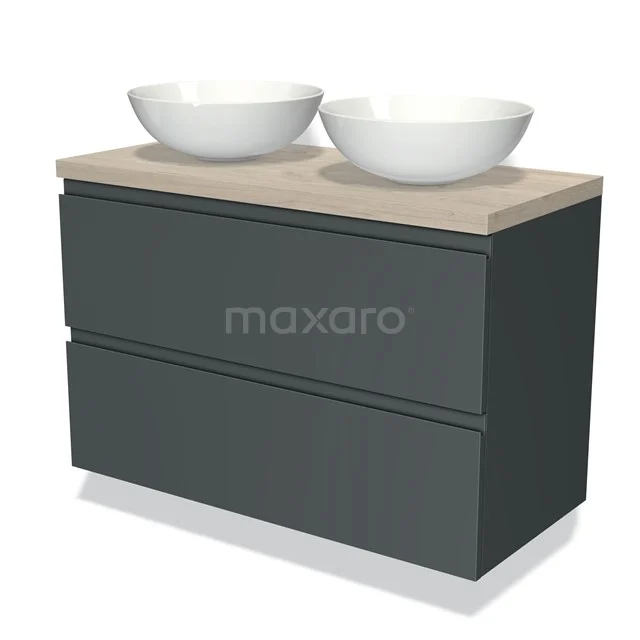 Moderne zwarte badkamermeubel met houtlook blad, dubbele witte waskommen en strak design, ideaal voor een stijlvolle badkamer.