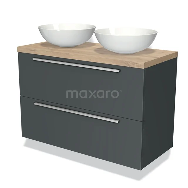 Grijze badkamermeubelset met houten blad en twee ronde witte waskommen, ideaal voor een moderne badkamerinrichting.