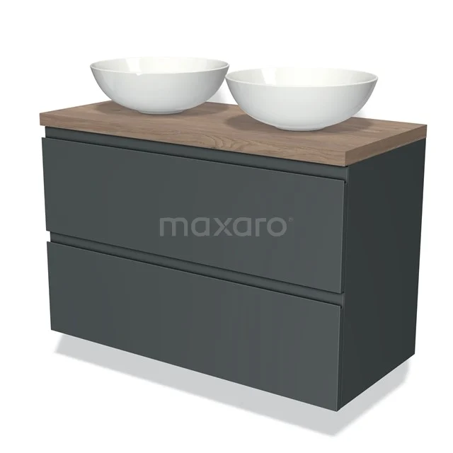 Anthracite bathroom unit with two white round vanity units for countertop wash basins and a wooden worktop, sleek design for modern bathrooms.