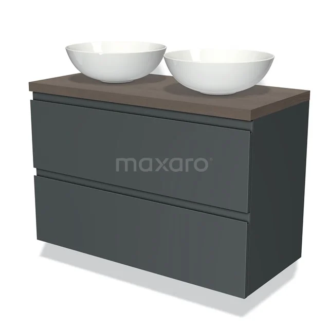 Doppelwaschbecken mit Holzlook Platte und anthrazitfarbigem Schrank, ideal für ein modernes Badezimmer.