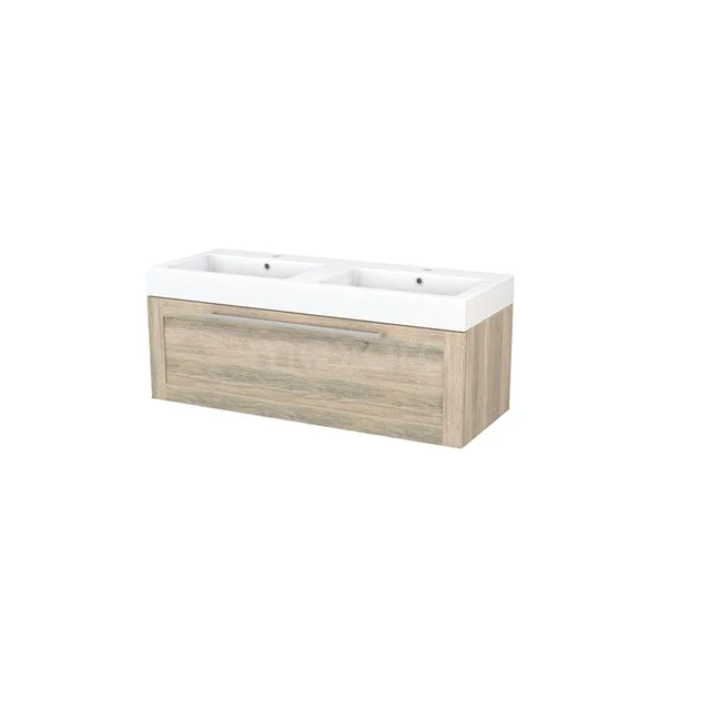 Modulo+ Bathroom furniture with sink | 120 cm Oak Frame front Mineral marble 1 drawer BMP002243 Wooden bathroom cabinet with double sink, modern design and light Oak look for a stylish bathroom interior.