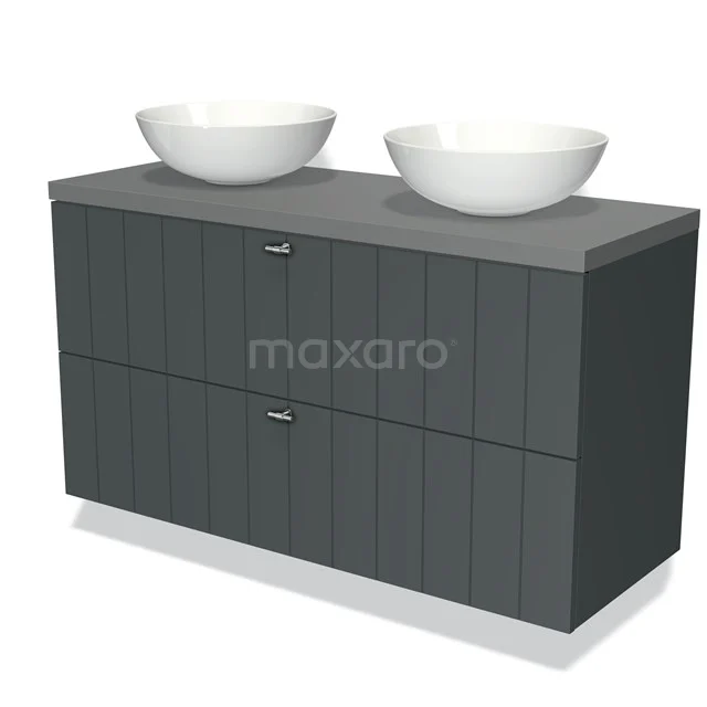 Donkergrijze houten badkamermeubel met dubbele wastafelkommen, modern ontwerp, ideaal voor stijlvolle badkamerinrichting.