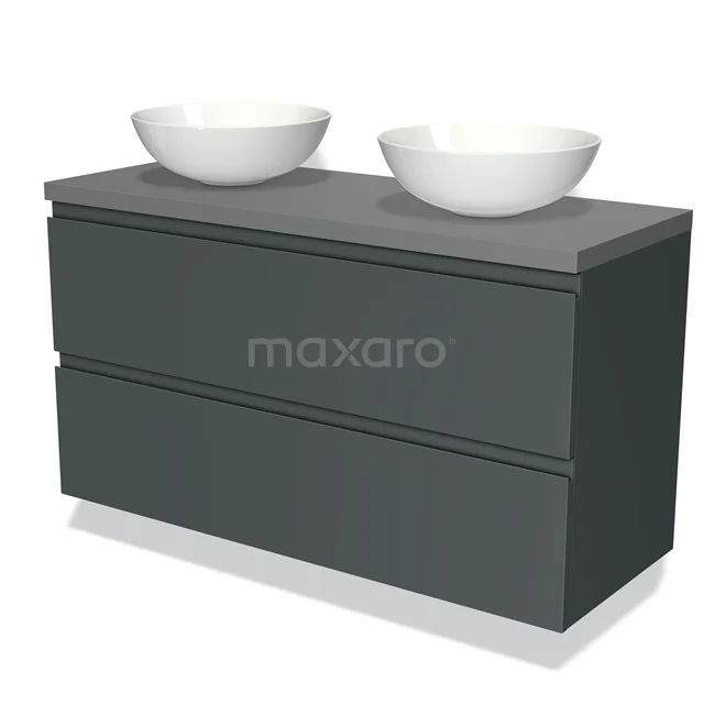 Grijze badkamermeubelset met twee witte waskommen, strakke vormgeving en moderne afwerking voor een stijlvolle badkamer.