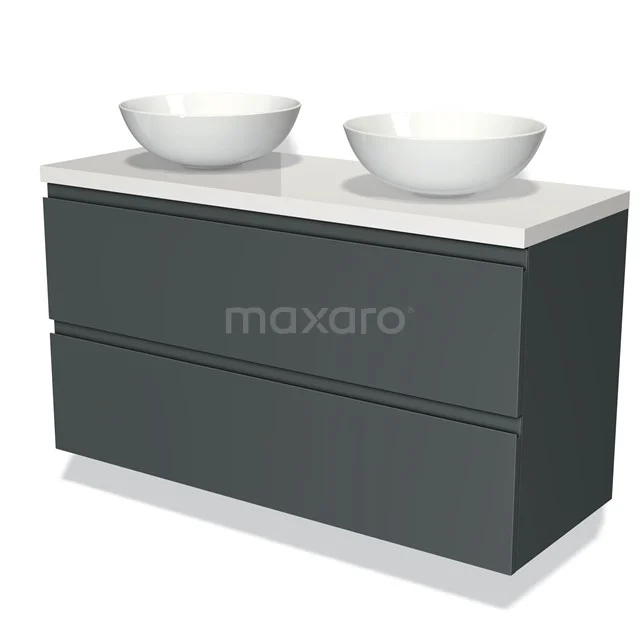 Dunkelgraue doppelte Badmöbelset mit weißen Aufsatzwaschbecken, schlankem Design und zwei geräumigen Schubladen.