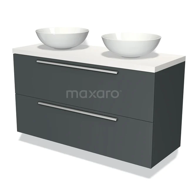Donkergrijze badkamermeubel met twee witte komvormige wastafels, strakke zilveren handgrepen en modern design.