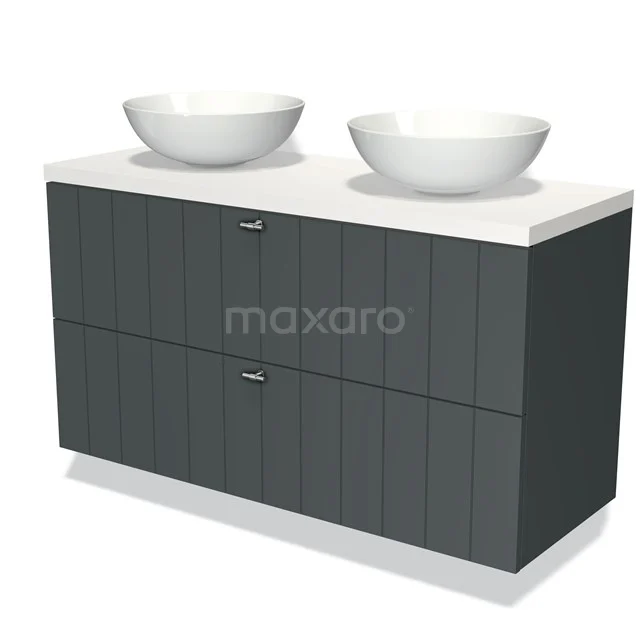 Donkergrijze badkamerkast met 2 witte waskommen, hoogglans afwerking, modern ontwerp, ideaal voor stijlvolle badkamers.