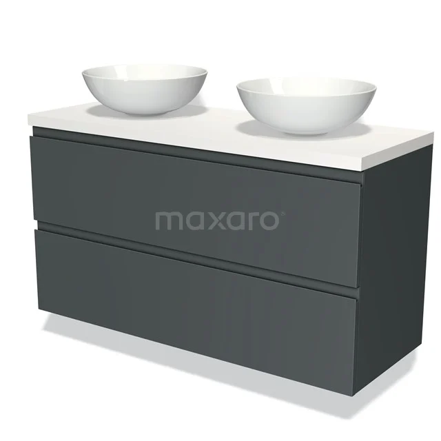 Grijze badkamermeubelset met twee witte waskommen, strak design en moderne uitstraling, perfect voor ruime badkamers.