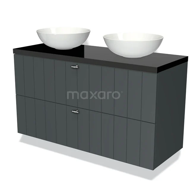 Badmöbel für Waschtischunterschrank mit Konsole 120cm Modulo Plato Dunkelgrau 2 Schubladen Lamelle Hochglanz Schwarz Platte BMK17-00895 Dunkelgrau Badmöbel mit Doppelwaschbecken, Schwarz Glas Platte, moderne Ausstrahlung und vertikaler Paneelstruktur.