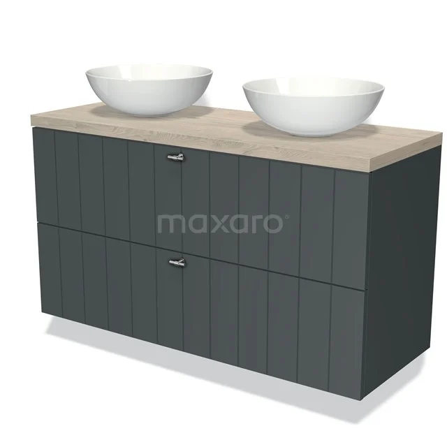 Double vanity unit, dark grey ribbed design, wooden worktop, two white countertop wash basins, ideal for modern bathrooms.