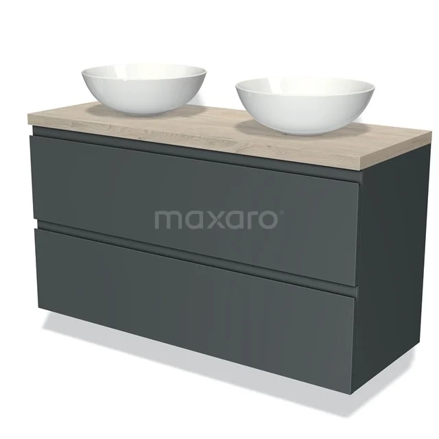 Grey bathroom furniture set with double countertop wash basins, wooden worktop and sleek drawers; modern design for stylish bathrooms.