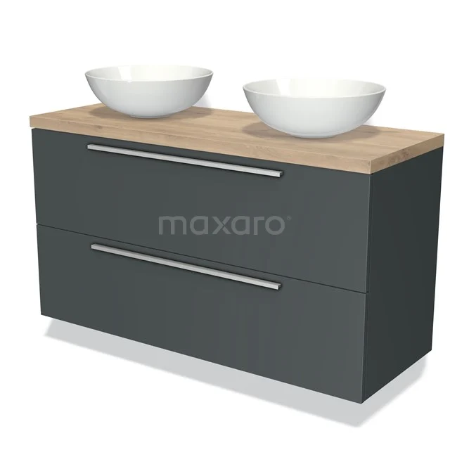 Grey double vanity unit with wood-look worktop, two white countertop wash basins and sleek metal handles, perfect for modern bathrooms.
