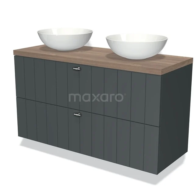 Grey bathroom unit with wood-look worktop and two white countertop wash basins, modern finish for a stylish bathroom.