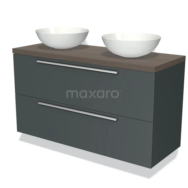 Badmöbel für Aufsatzwaschbecken 120cm Modulo Plato Dunkelgrau 2 Schubladen Flach Dunkelbraune Eiche Platte BMK17-00909 Antrazit Badezimmermöbel mit zwei weißen Aufsatzwaschbecken, hölzerner Platte und schlichten metallischen Griffen; modernes Design.