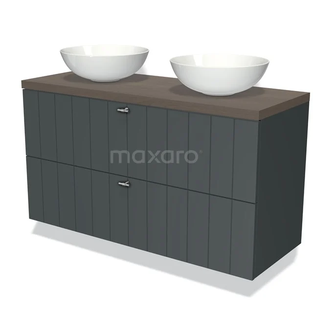 Modulo Plato Vanity units for countertop basin | 120 cm Dark grey Slat front Dark brown oak worktop 2 Stacked drawers BMK17-00910