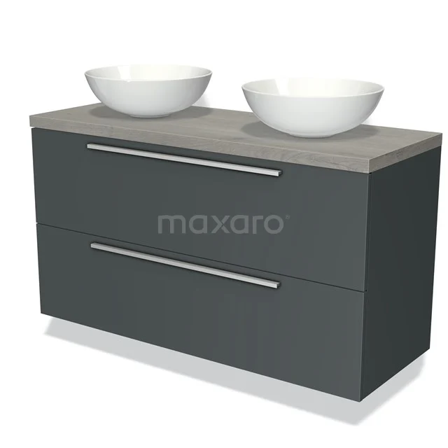 Dark grey bathroom furniture set with two white countertop wash basins, metal handles and a grey concrete top.