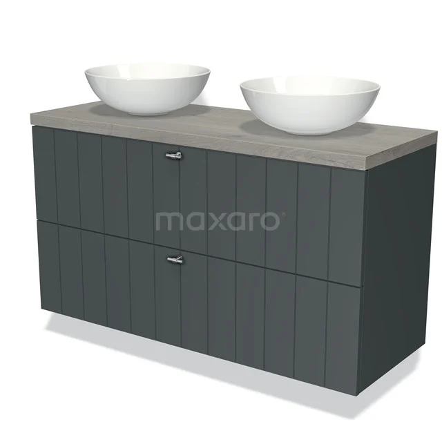 Vanity unit with dark grey drawers, wood-look worktop and two white top bowls; modern bathroom design.