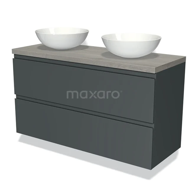 Modern grey bathroom cabinet with two white countertop wash basins, concrete worktop, sleek design and plenty of storage space.