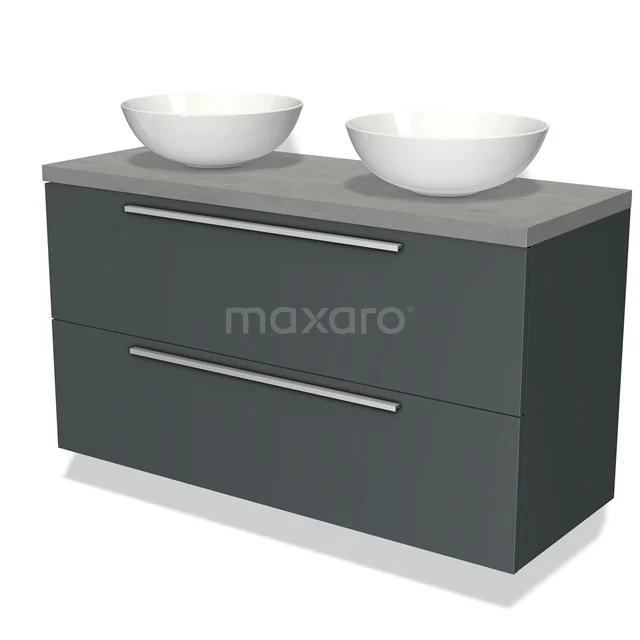 Dark grey bathroom unit with two white surface-mounted washbasins and drawers, modern styling and sleek design.