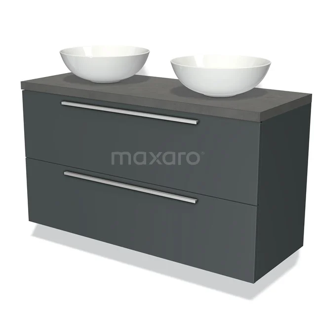 Grey double vanity unit with two white countertop wash basins, sleek design and two drawers, ideal for modern bathrooms.