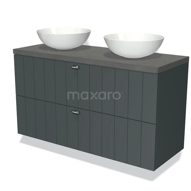Dark grey bathroom furniture set with wood grain, two white countertop wash basins and drawers, ideal for a modern bathroom design.