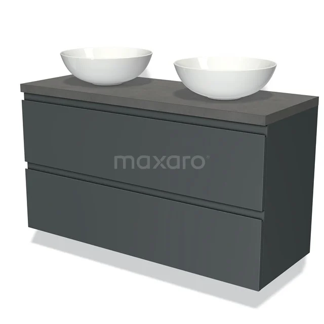 Dark grey bathroom cabinet with two white top washbasins, sleek design and two drawers for stylish storage.