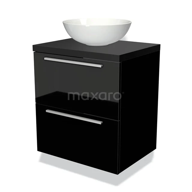 Schwarzes Badmöbel mit glänzenden Schubladen und runder Aufsatzwaschbecken, ideal für einen modernen Badezimmerstil.