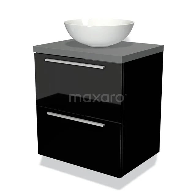 Black bathroom cabinet with grey top, white round basin, glossy finish and two drawers for stylish storage space.