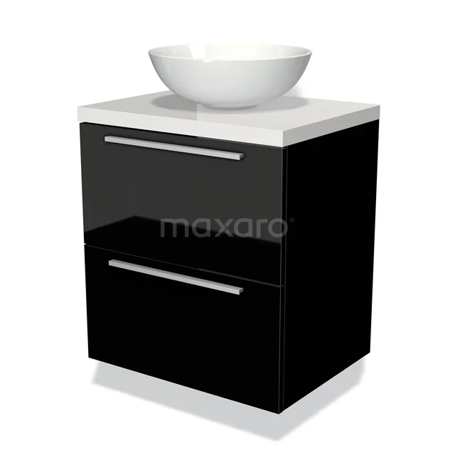 Black bathroom cabinet with two drawers and a white ceramic countertop wash basin, modern design with glossy finish.