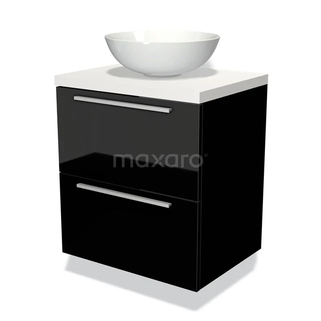 Black vanity unit with two drawers, white basin bowl on top, modern gloss finish for stylish bathroom design.