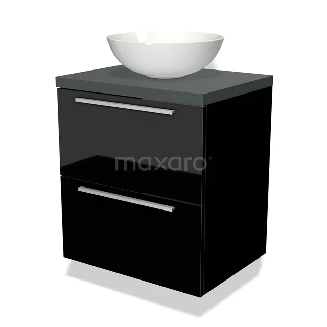 Zwarte badkamermeubelset met glazen wastafelblad en ronde witte waskom, modern design met twee lades voor opbergruimte.