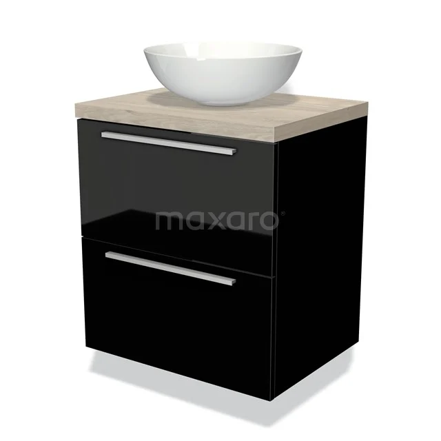 Zwart hoogglans badkamermeubel met houtlook blad en witte waskom, modern design met twee opberglades.