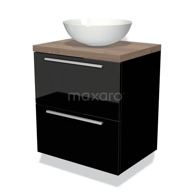 Waschtischunterschrank mit Konsole 60cm Modulo Plato Hochglanz Schwarz 2 Schubladen Flach Mittelbraune Eiche Platte BMK17-00945 Schwarzes Badmöbel mit holzfarbener Platte und rundem weißen Aufsatzwaschbecken, modernes Design, ideal für kleine Bäder.