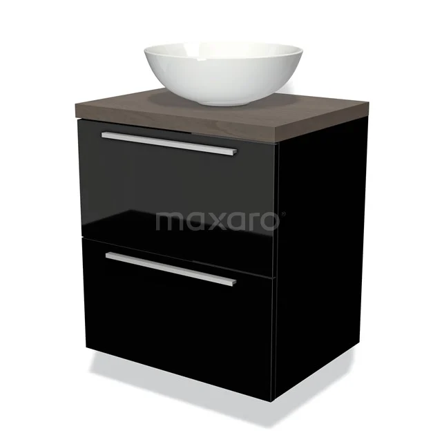 Zwarte badkamermeubelset met houten blad, komvormige wastafel en chroomkleurige handgrepen, modern design.