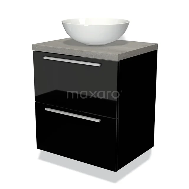 Zwarte badkamerkast met twee lades, grijs wastafelblad en witte ronde waskom, modern design.